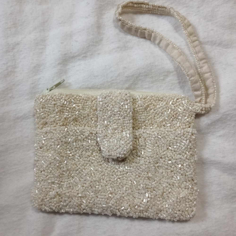 Moyna Beaded Zip Code Custom Clutch Evening Purse Clutch White
